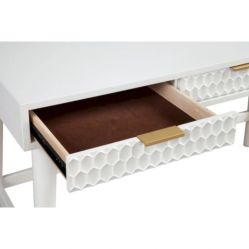 Large White Writing Desk with Textured Drawers & Gold Hardware