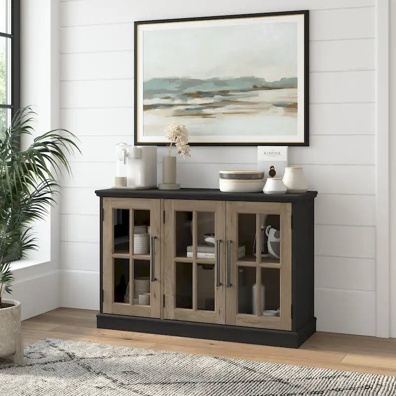 46-Inch Farmhouse Sideboard Cabinet with Glass Doors & Adjustable Shelves