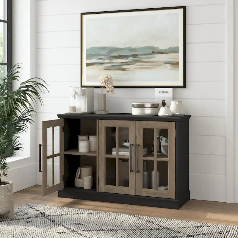 46-Inch Farmhouse Sideboard Cabinet with Glass Doors & Adjustable Shelves