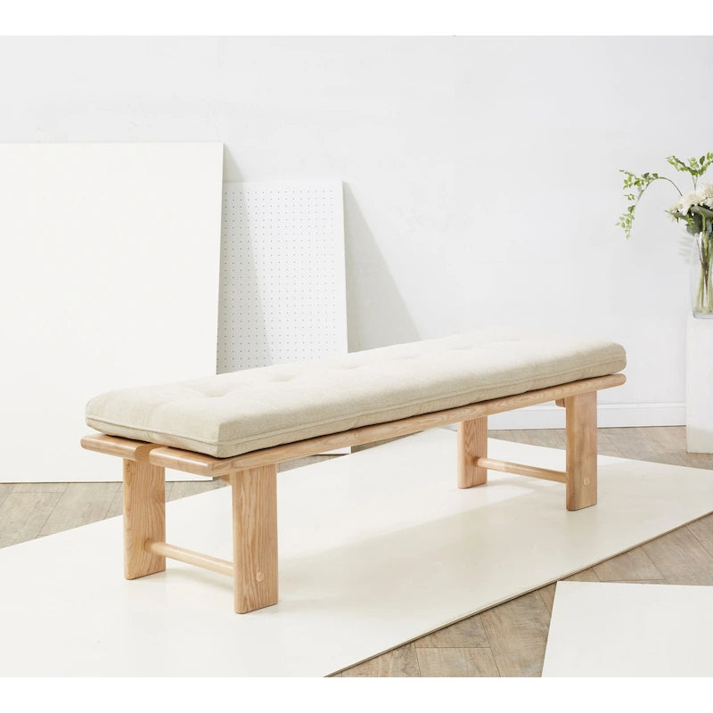 Modern Tufted Linen Cushion Bench with Ashwood Base
