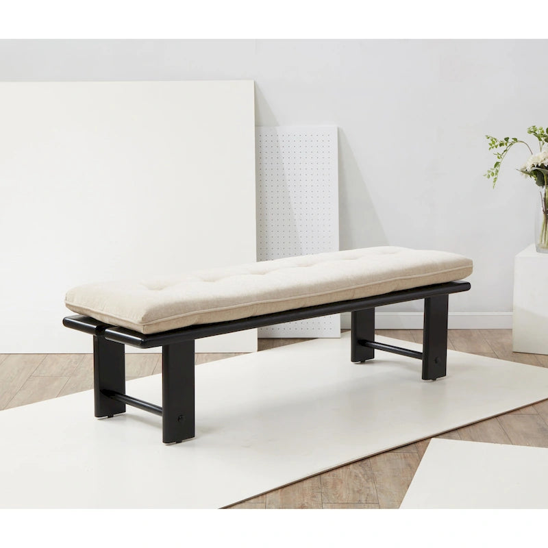 Modern Tufted Linen Cushion Bench with Ashwood Base