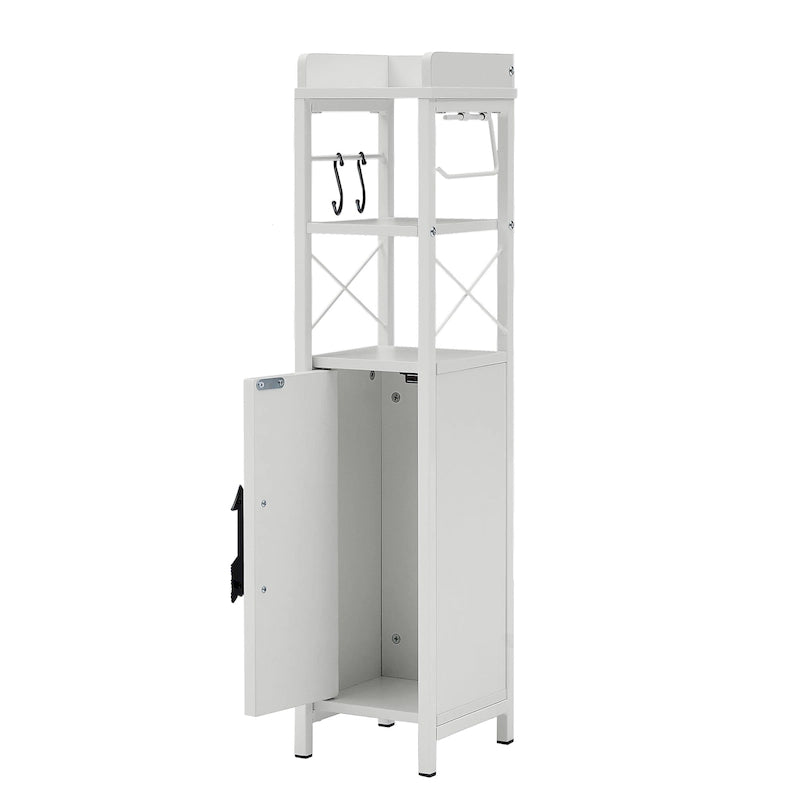 Slim Tall Bathroom Floor Cabinet with Open Shelves, Door & Toilet Paper Holder