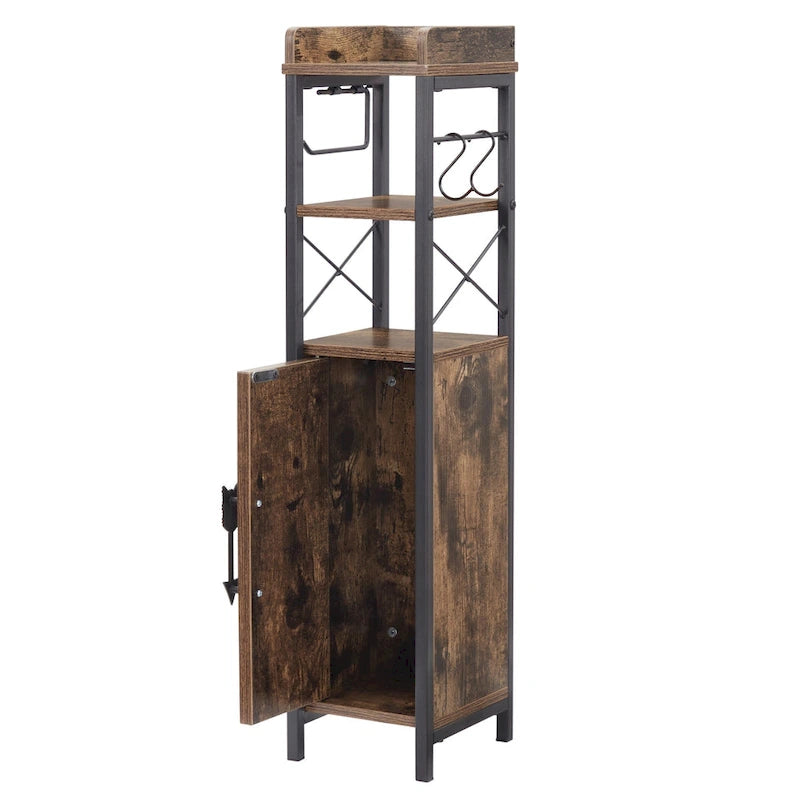 Slim Tall Bathroom Floor Cabinet with Open Shelves, Door & Toilet Paper Holder