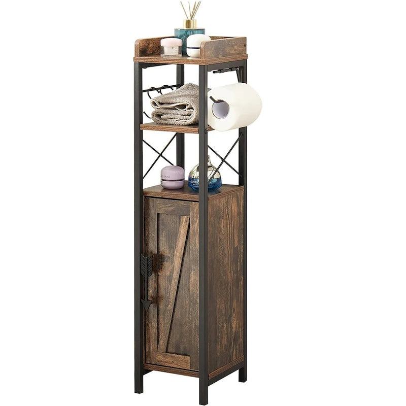 Slim Tall Bathroom Floor Cabinet with Open Shelves, Door & Toilet Paper Holder