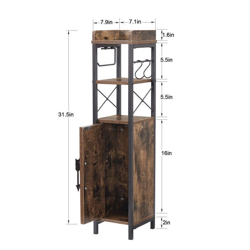 Schlanker, hoher Bad-Bodenschrank mit offenen Regalen, Tür und Toilettenpapierhalter