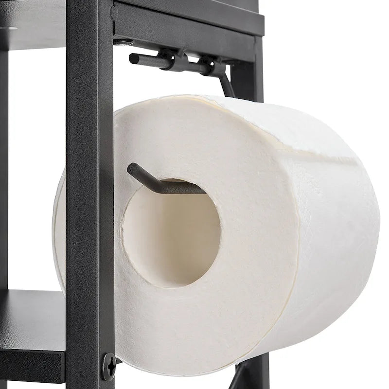 Schlanker, hoher Bad-Bodenschrank mit offenen Regalen, Tür und Toilettenpapierhalter