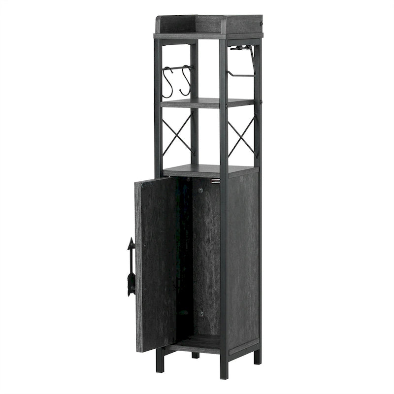 Schlanker, hoher Bad-Bodenschrank mit offenen Regalen, Tür und Toilettenpapierhalter