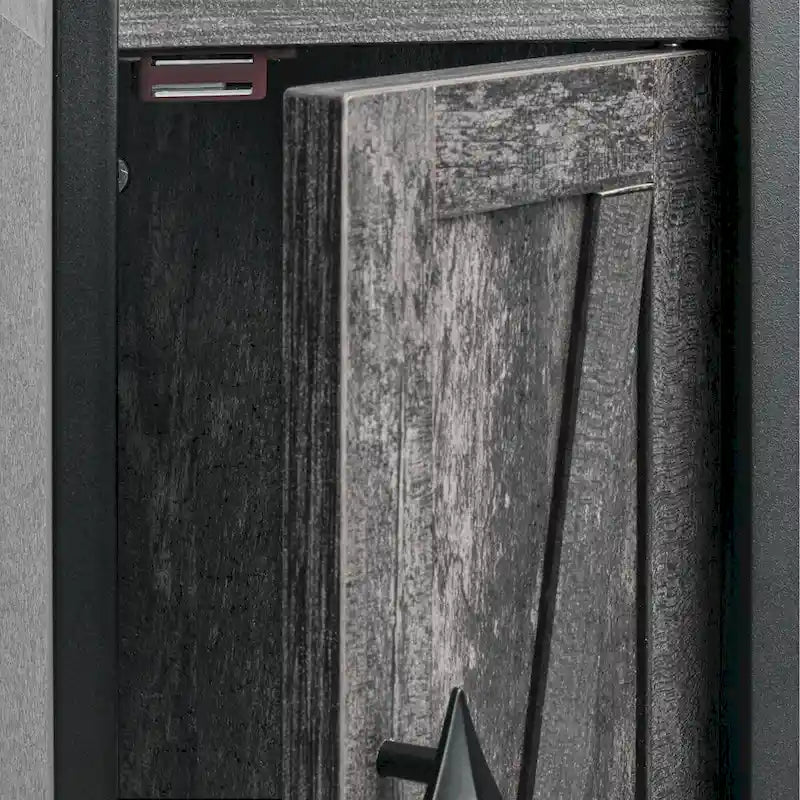 Schlanker, hoher Bad-Bodenschrank mit offenen Regalen, Tür und Toilettenpapierhalter