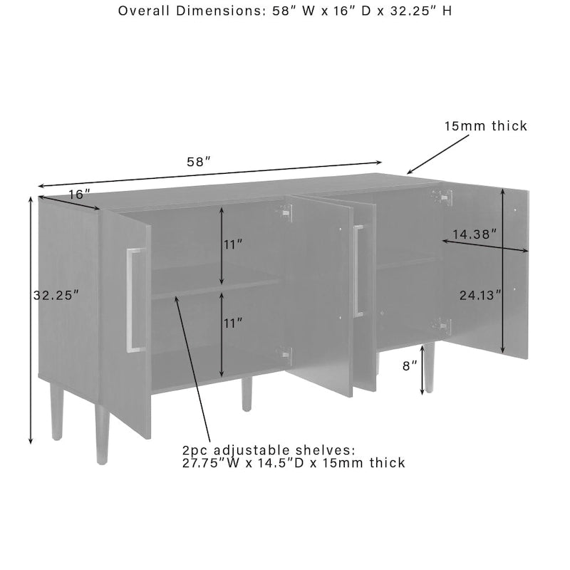 Mid-Century-Modern-Sideboard mit zwei Schrankfächern, verstellbaren Einlegeböden und konischen Beinen