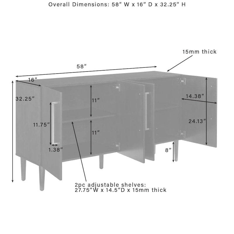 Mid-Century-Modern-Sideboard mit zwei Schrankfächern, verstellbaren Einlegeböden und konischen Beinen