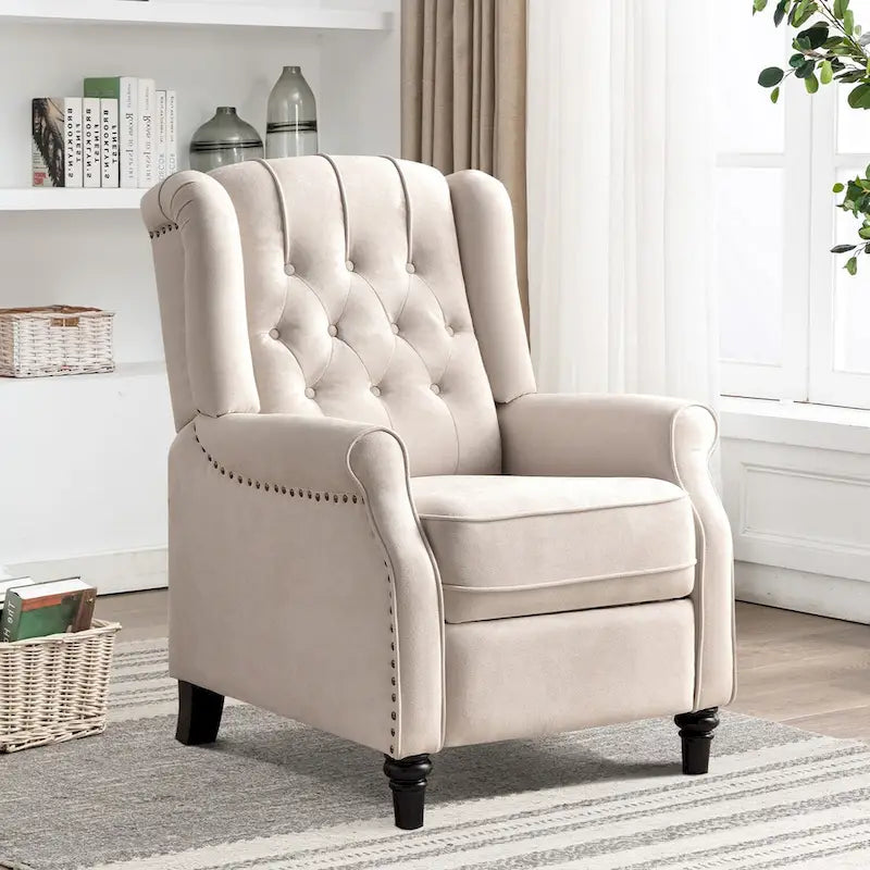 Push-Back Recliner Chair with Diamond Tufted Back, Nailhead Trim & Solid Wood Legs