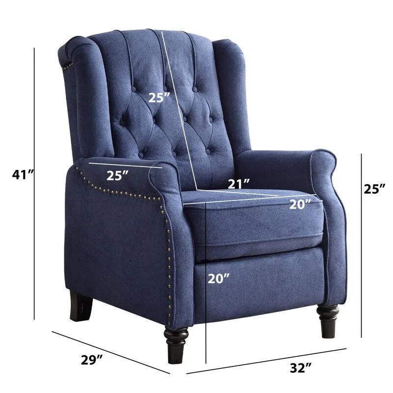Push-Back Recliner Chair with Diamond Tufted Back, Nailhead Trim & Solid Wood Legs