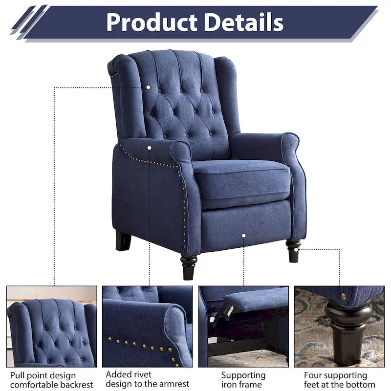 Push-Back Recliner Chair with Diamond Tufted Back, Nailhead Trim & Solid Wood Legs