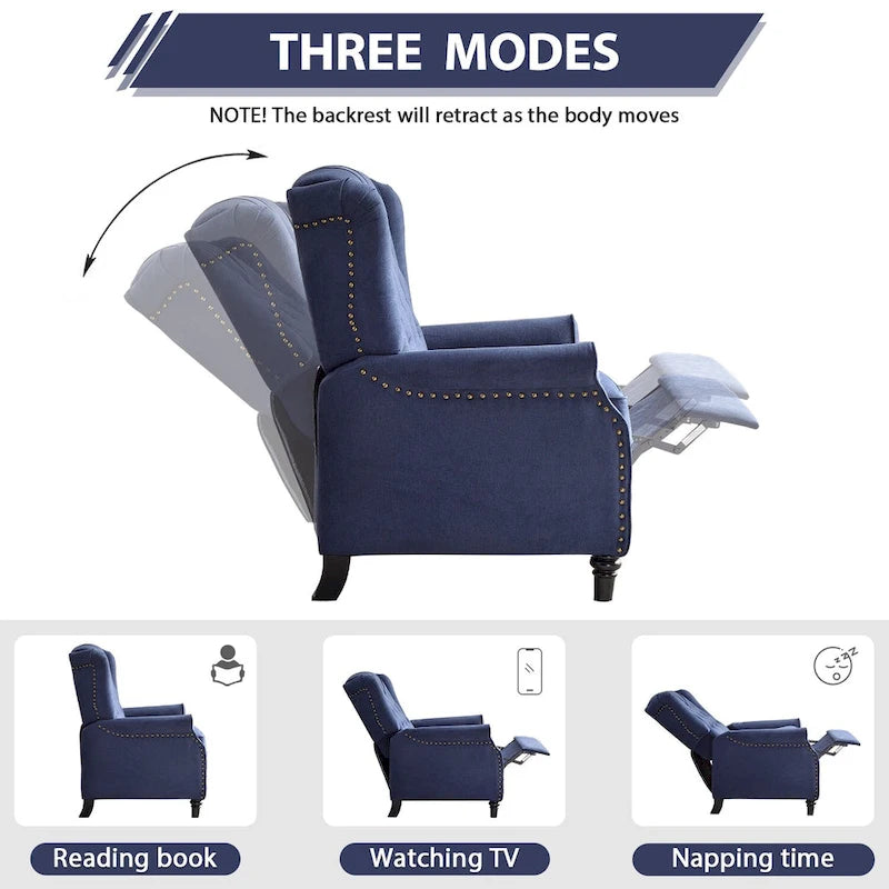 Push-Back Recliner Chair with Diamond Tufted Back, Nailhead Trim & Solid Wood Legs