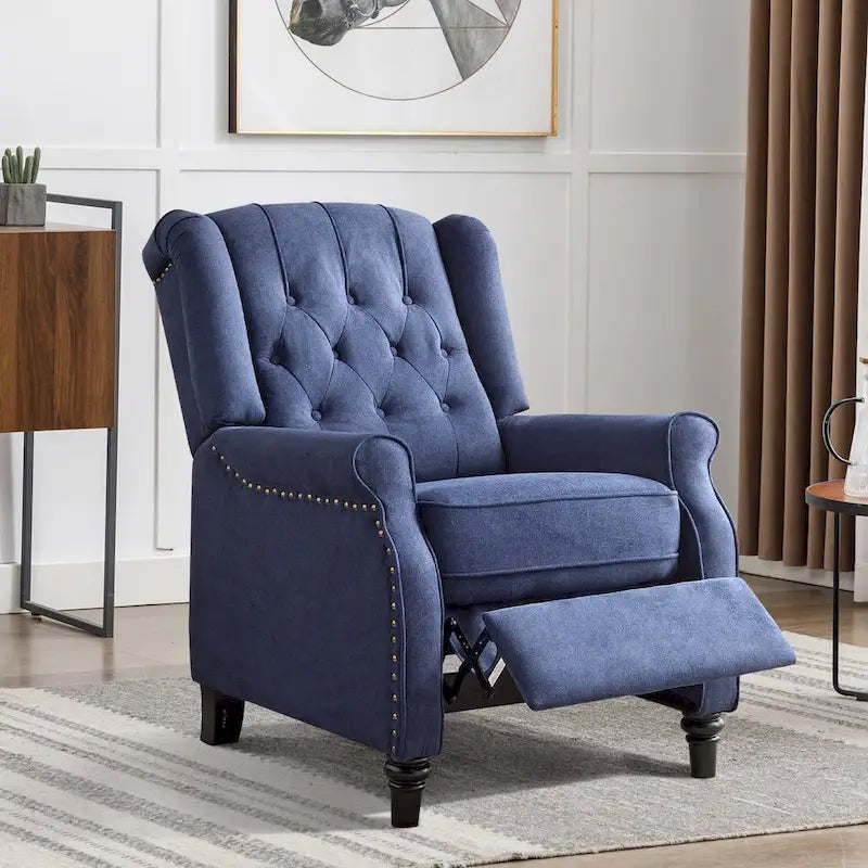 Push-Back Recliner Chair with Diamond Tufted Back, Nailhead Trim & Solid Wood Legs