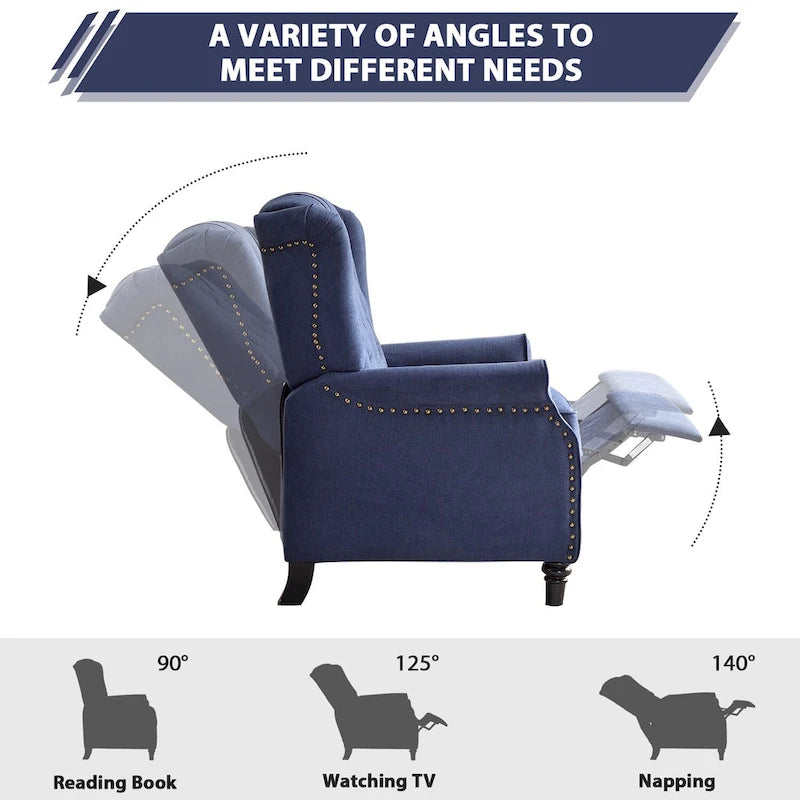 Push-Back Recliner Chair with Diamond Tufted Back, Nailhead Trim & Solid Wood Legs
