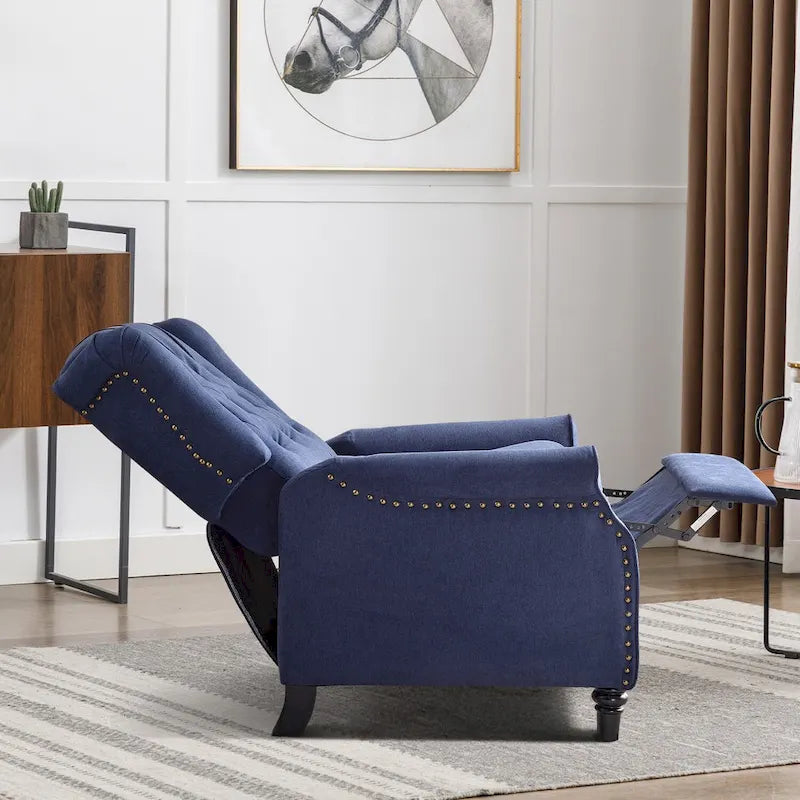 Push-Back Recliner Chair with Diamond Tufted Back, Nailhead Trim & Solid Wood Legs