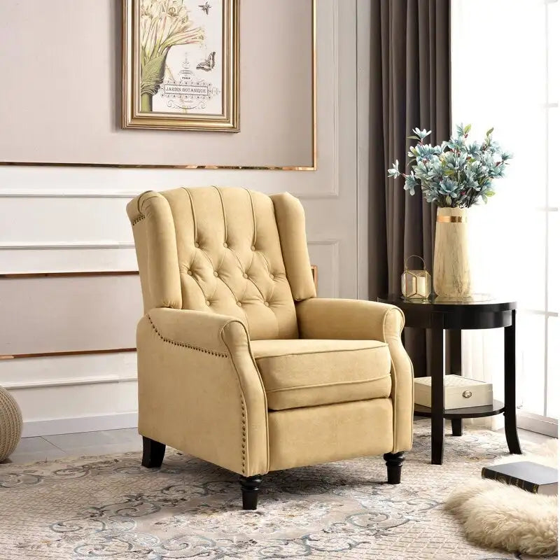 Push-Back Recliner Chair with Diamond Tufted Back, Nailhead Trim & Solid Wood Legs