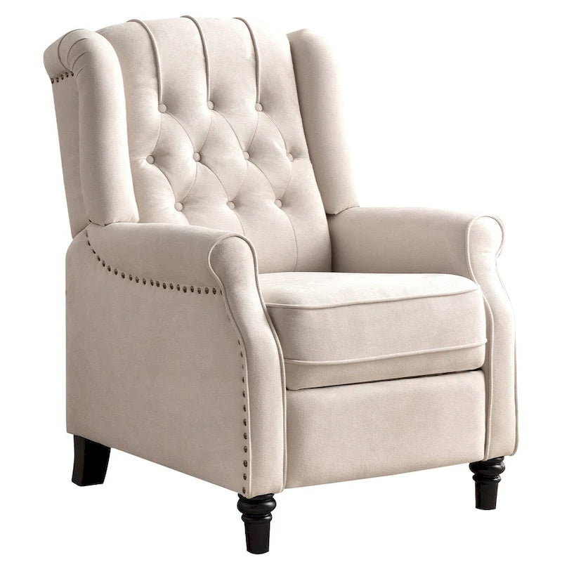 Push-Back Recliner Chair with Diamond Tufted Back, Nailhead Trim & Solid Wood Legs