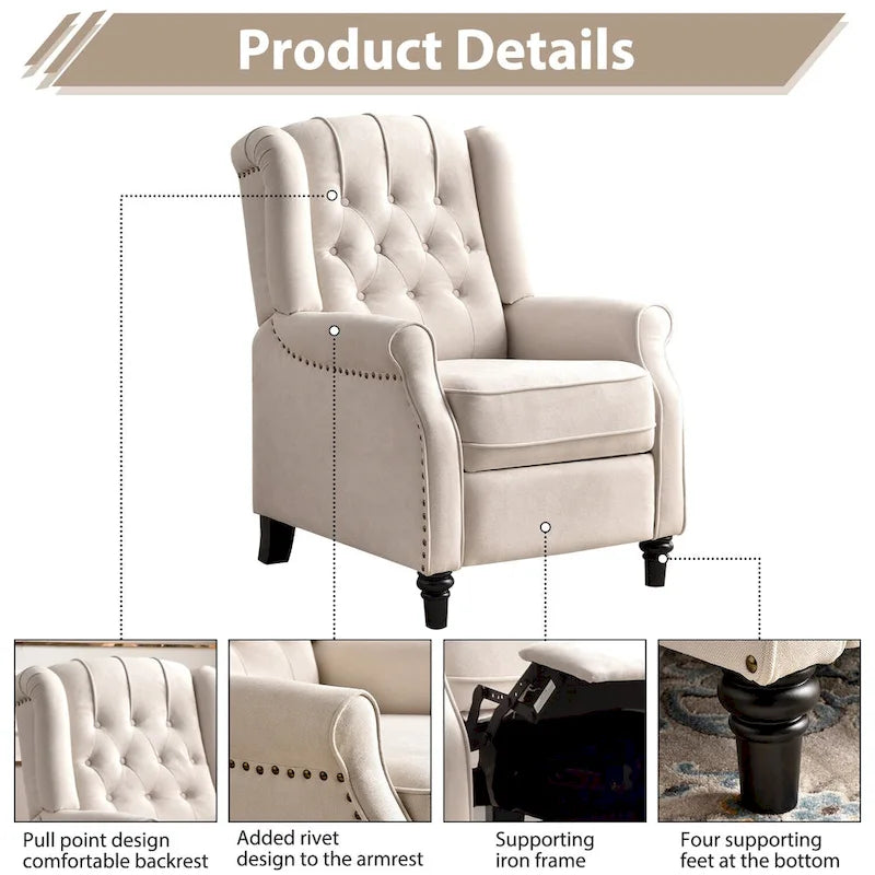Push-Back Recliner Chair with Diamond Tufted Back, Nailhead Trim & Solid Wood Legs