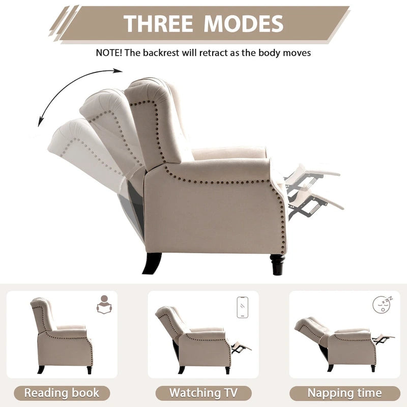 Push-Back Recliner Chair with Diamond Tufted Back, Nailhead Trim & Solid Wood Legs