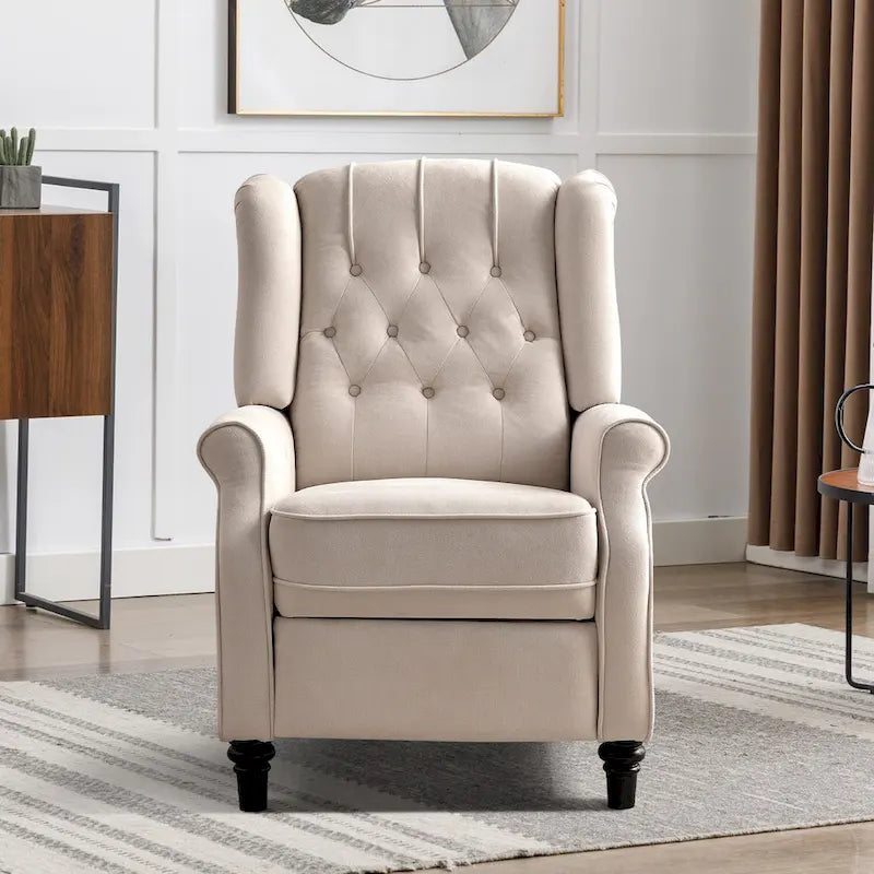 Push-Back Recliner Chair with Diamond Tufted Back, Nailhead Trim & Solid Wood Legs