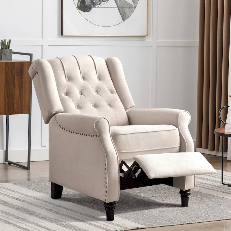 Push-Back Recliner Chair with Diamond Tufted Back, Nailhead Trim & Solid Wood Legs