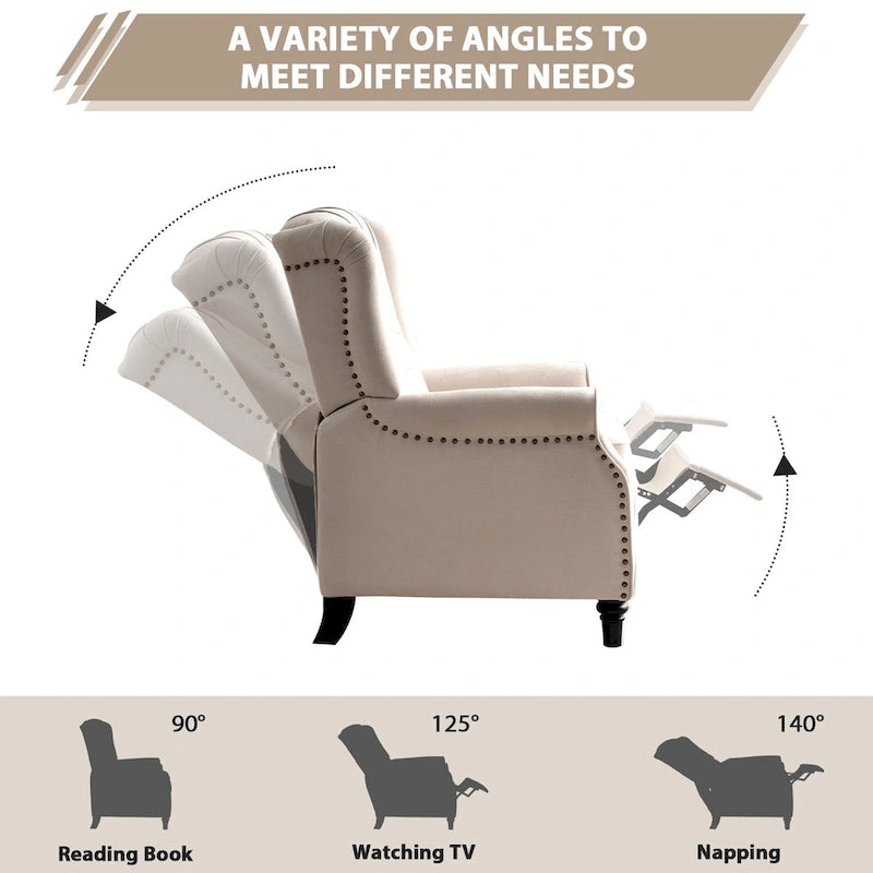 Push-Back Recliner Chair with Diamond Tufted Back, Nailhead Trim & Solid Wood Legs