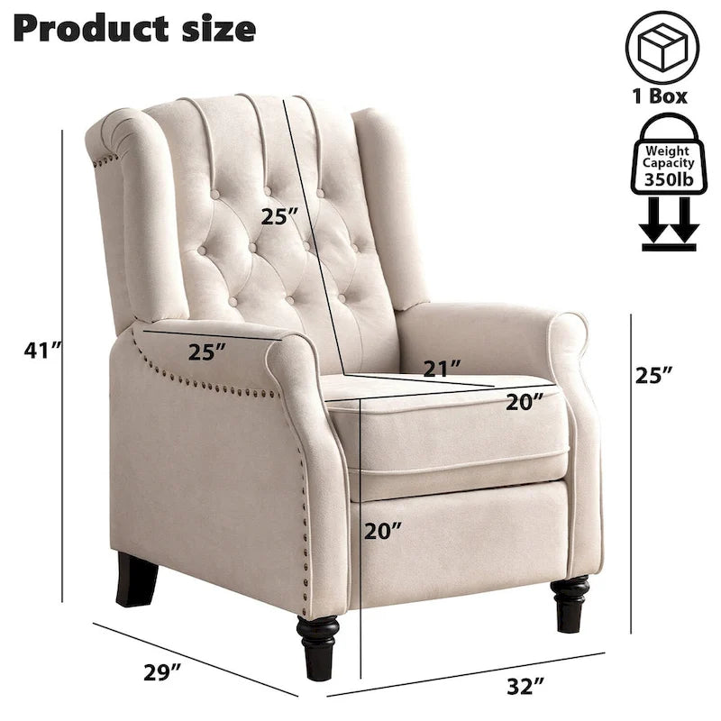 Push-Back Recliner Chair with Diamond Tufted Back, Nailhead Trim & Solid Wood Legs