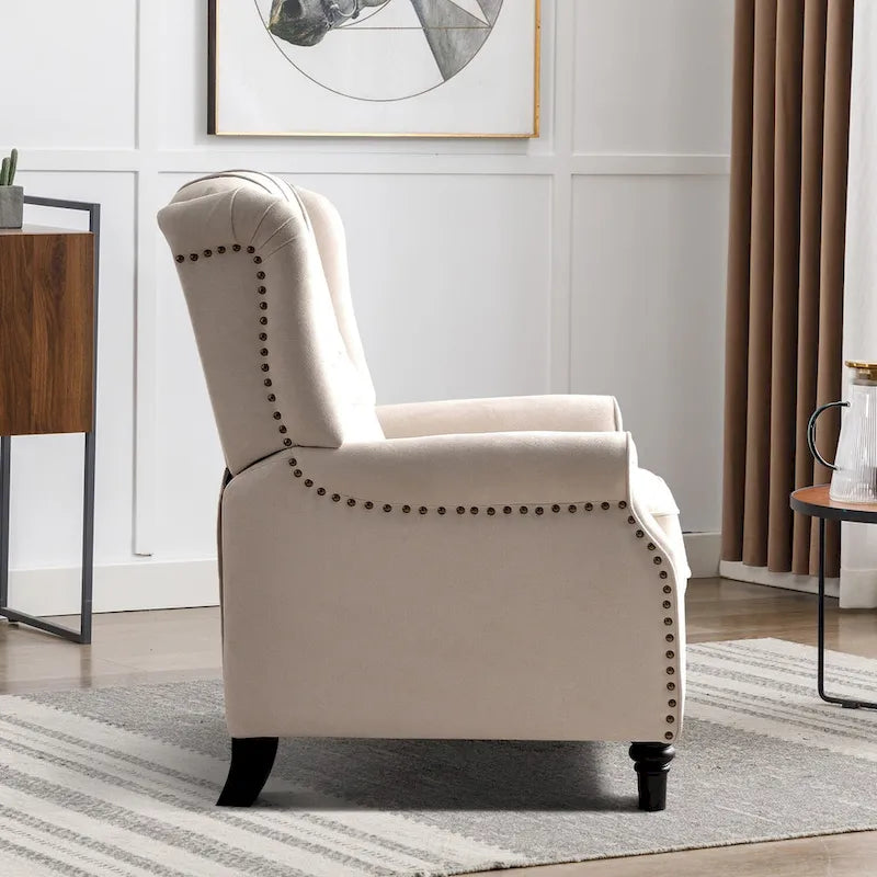 Push-Back Recliner Chair with Diamond Tufted Back, Nailhead Trim & Solid Wood Legs