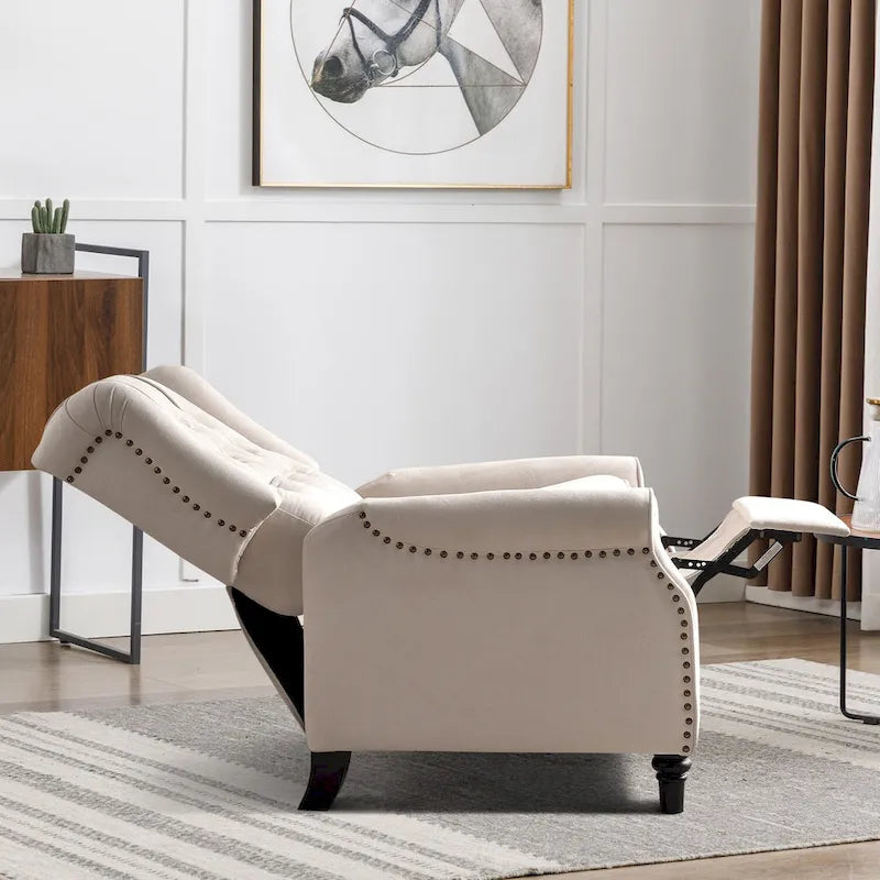 Push-Back Recliner Chair with Diamond Tufted Back, Nailhead Trim & Solid Wood Legs