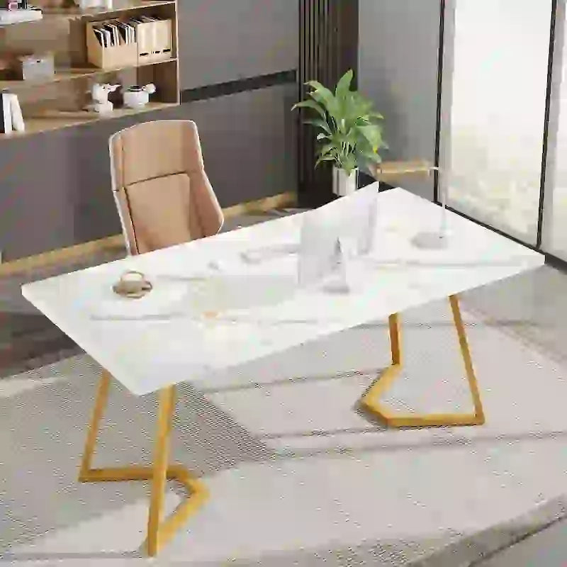 55-Inch Faux Marble Top Desk with Gold Metal Frame