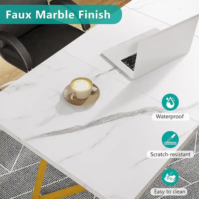 Bureau de 55 pouces avec plateau en faux marbre et cadre en métal doré