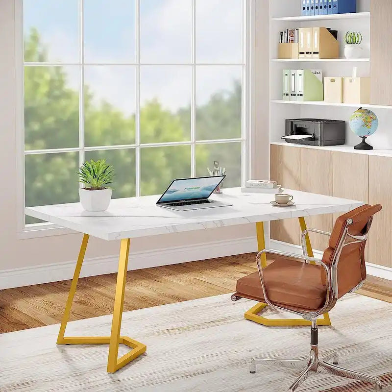 55-Inch Faux Marble Top Desk with Gold Metal Frame