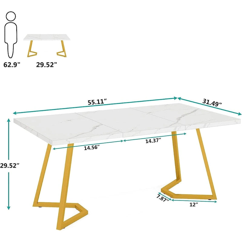 Bureau de 55 pouces avec plateau en faux marbre et cadre en métal doré