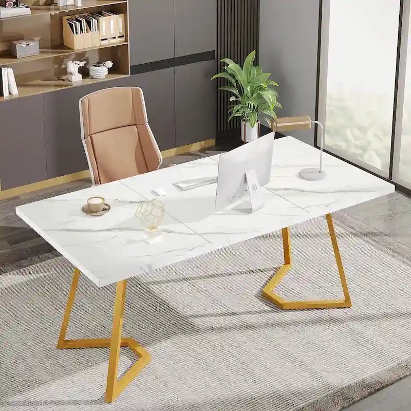 Bureau de 55 pouces avec plateau en faux marbre et cadre en métal doré