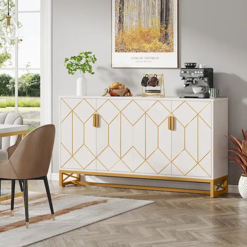 59" White & Gold 4-Door Sideboard with Patterned Doors, Adjustable Shelves & Metal Legs