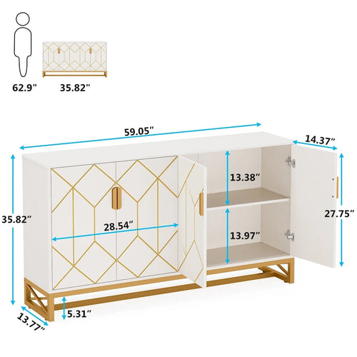 59" White & Gold 4-Door Sideboard with Patterned Doors, Adjustable Shelves & Metal Legs