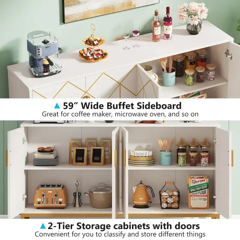 59" White & Gold 4-Door Sideboard with Patterned Doors, Adjustable Shelves & Metal Legs