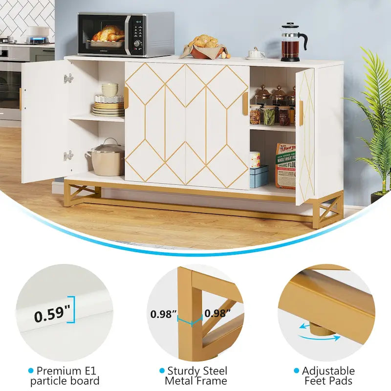 Credenza bianca e oro da 59" con 4 ante, ante decorate, ripiani regolabili e gambe in metallo