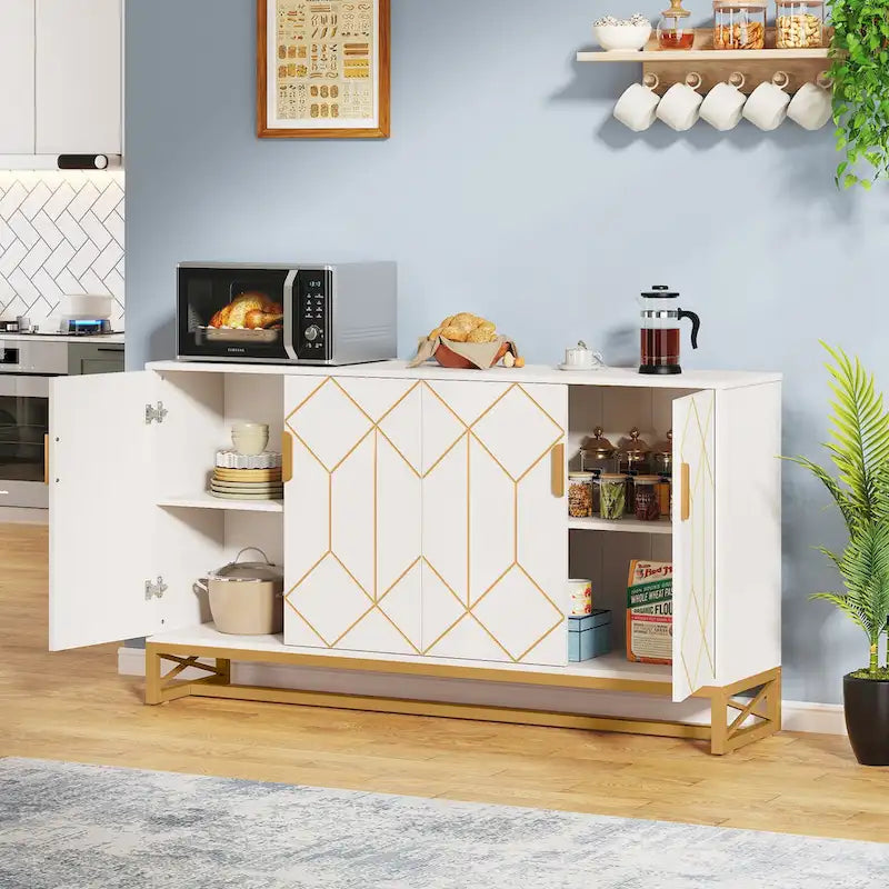 Credenza bianca e oro da 59" con 4 ante, ante decorate, ripiani regolabili e gambe in metallo