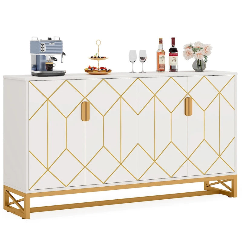 Credenza bianca e oro da 59" con 4 ante, ante decorate, ripiani regolabili e gambe in metallo