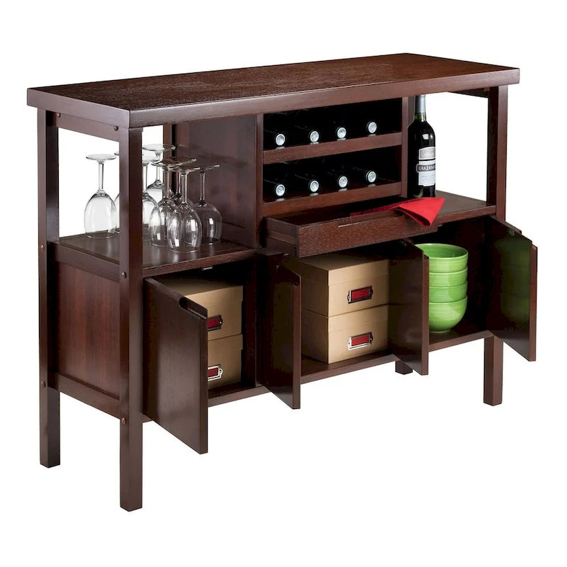 Walnut Finish Buffet Sideboard with Wine Rack, Open Shelves, Cabinets & Drawer
