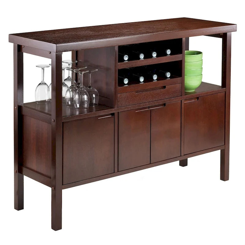 Walnut Finish Buffet Sideboard with Wine Rack, Open Shelves, Cabinets & Drawer