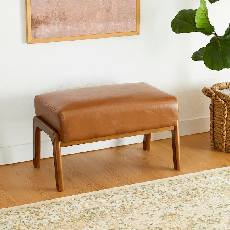 Mid-Century Faux Leather Accent Stool with Flared Rubberwood Legs