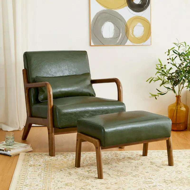 Mid-Century-Akzenthocker aus Kunstleder mit ausgestellten Beinen aus Gummibaumholz