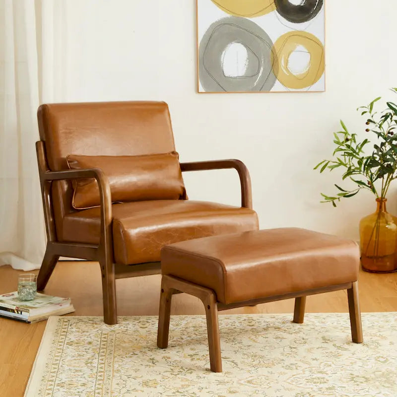 Mid-Century-Akzenthocker aus Kunstleder mit ausgestellten Beinen aus Gummibaumholz