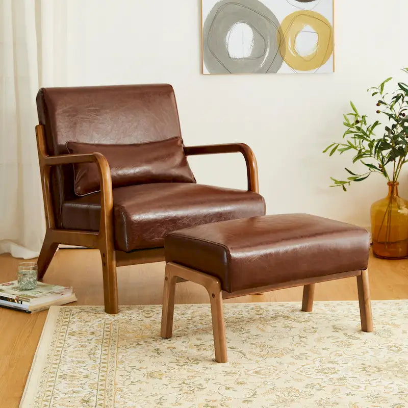 Mid-Century-Akzenthocker aus Kunstleder mit ausgestellten Beinen aus Gummibaumholz
