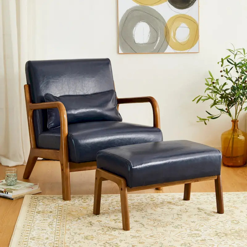 Mid-Century-Akzenthocker aus Kunstleder mit ausgestellten Beinen aus Gummibaumholz