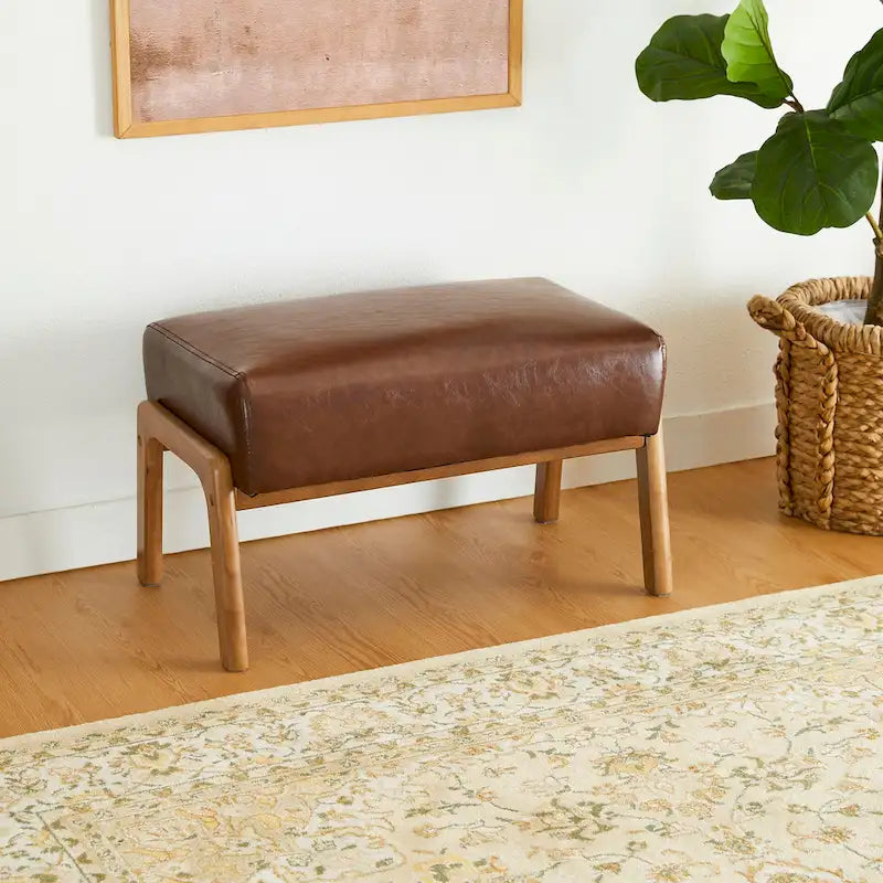 Mid-Century-Akzenthocker aus Kunstleder mit ausgestellten Beinen aus Gummibaumholz